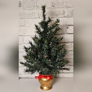 Vintage 25" Mini Christmas Tree Gold Pot Base w/ Red Ribbon & Gold Berries